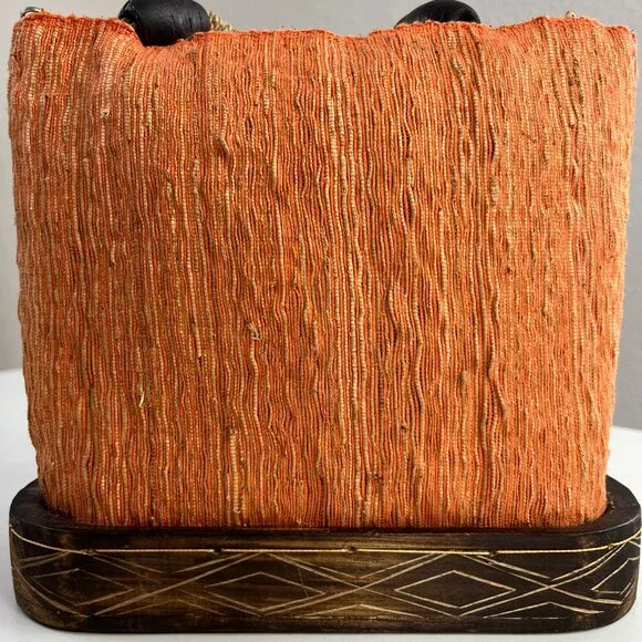 Orange Brown Natural Woven Wood Purse Tote Shoulder Bag Zip Closure - Picture 4 of 16